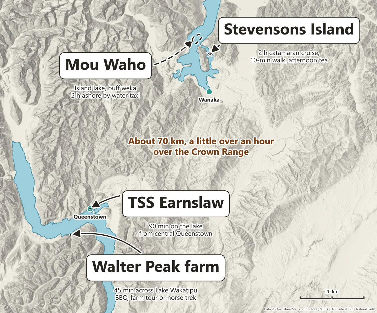 Map of Lake Wakatipu and Lake Wanaka showing the TSS Earnslaw from Queenstown, Walter Peak farm across the lake, and Mou Waho and Stevensons Island on Lake Wanaka