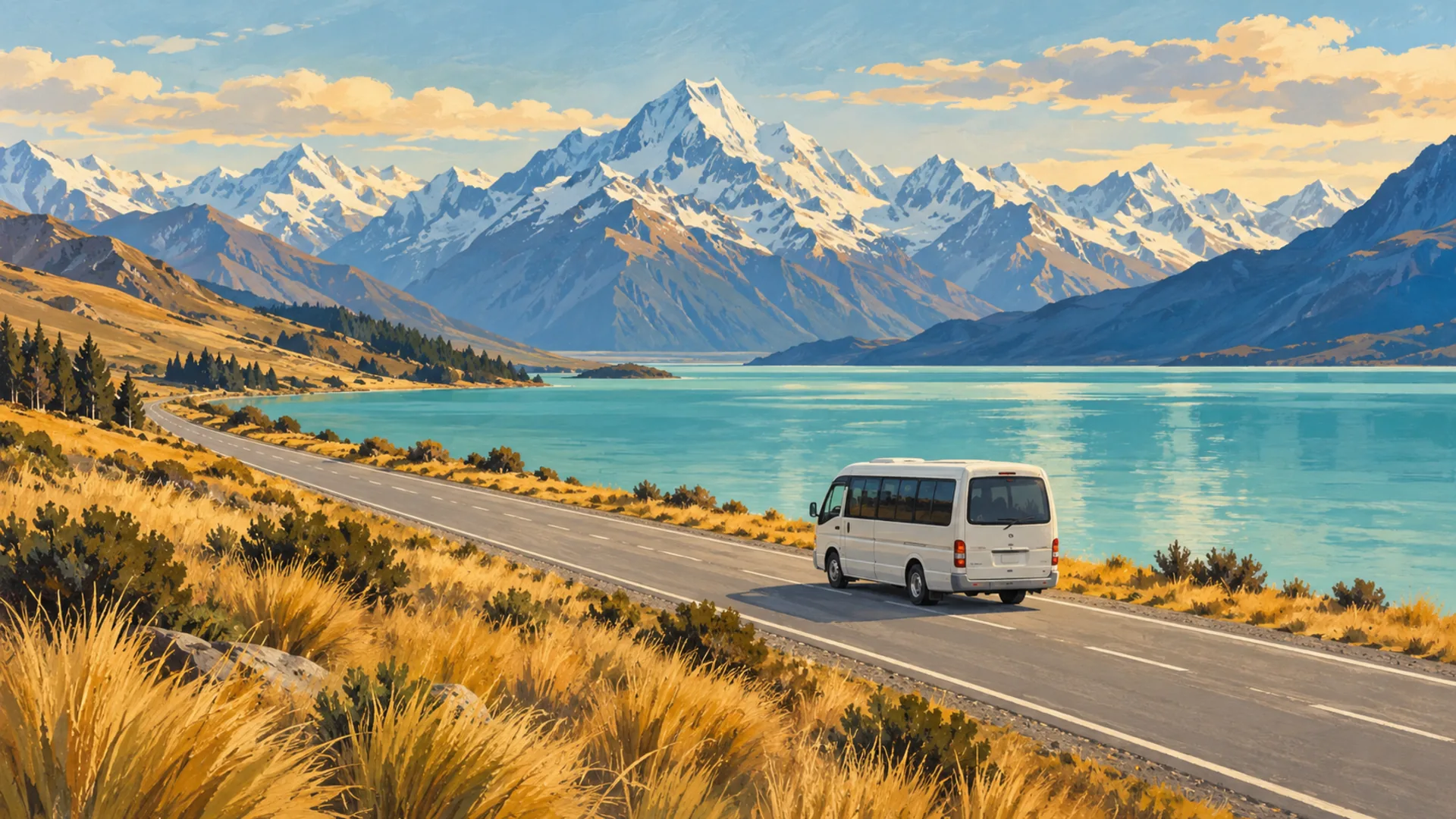 A painted view of a tour minibus on a lakeside road below the Southern Alps
